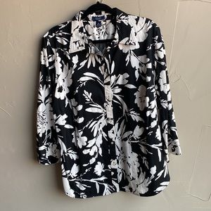 CHAPS Black with White Floral Print Shirt! 3/4 Length sleeves Size 2X